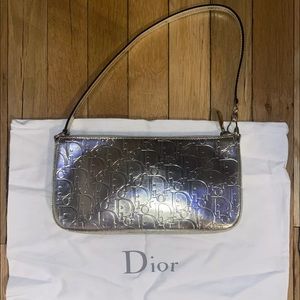 Christian Dior Metallic Patent Monogram Leather Shoulder Bag Light Gold